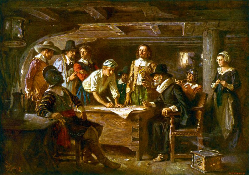 Jean Leon Gerome Ferris - 	The Mayflower Compact, 1620, Courtesy of the Library of Congress, and Wikimedia Commons.